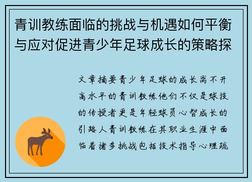 青训教练面临的挑战与机遇如何平衡与应对促进青少年足球成长的策略探讨